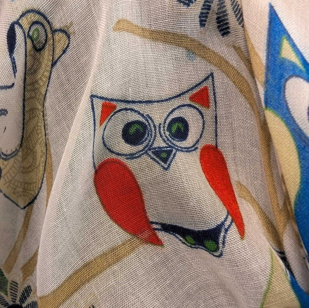 Floral Owl Print Scarf White Blue and Red 69